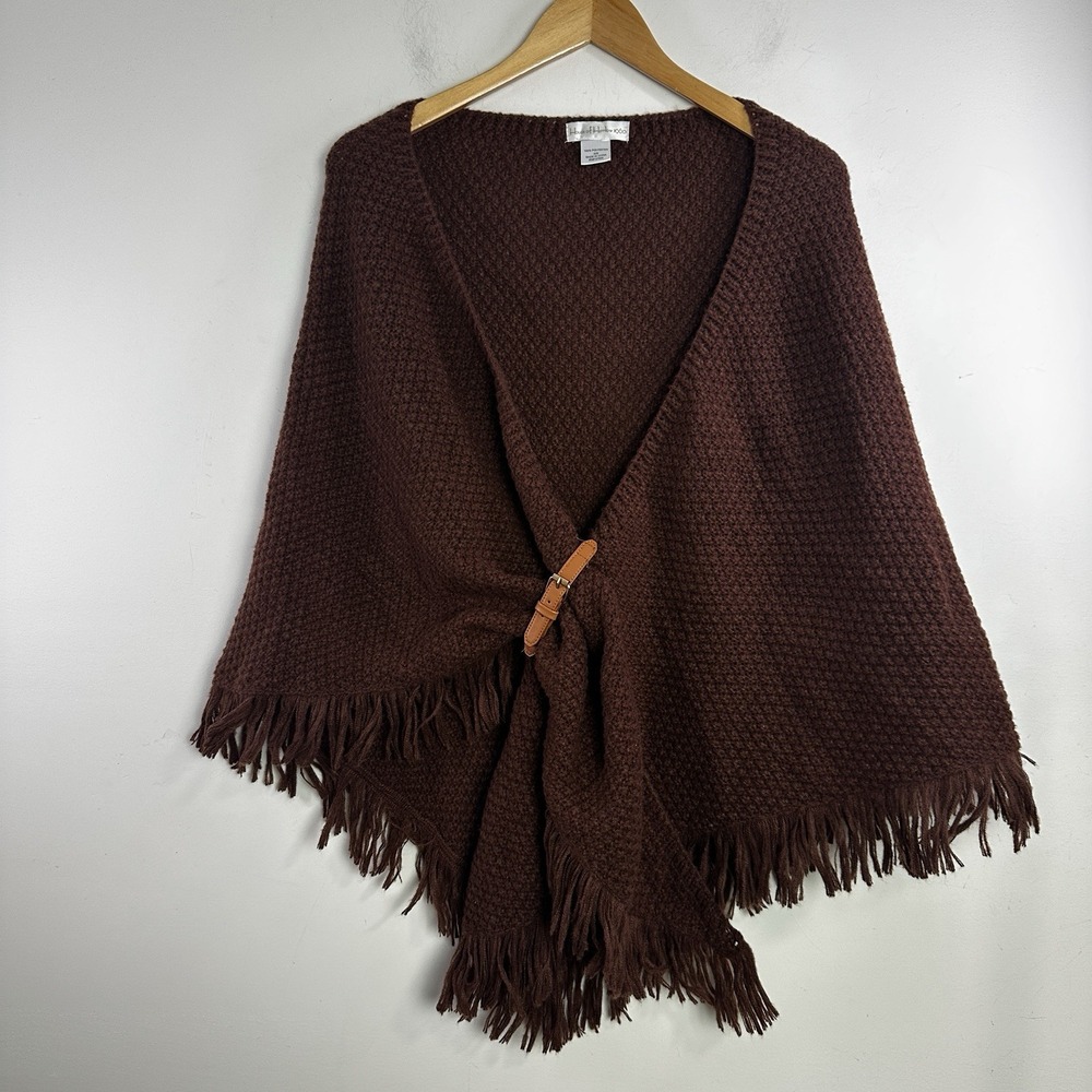 House of Harlow 1960 chocolate brown women knit fringe buckle wrap Shawl OS